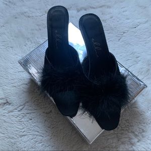 Ellie Satin Maribou Heel Slippers